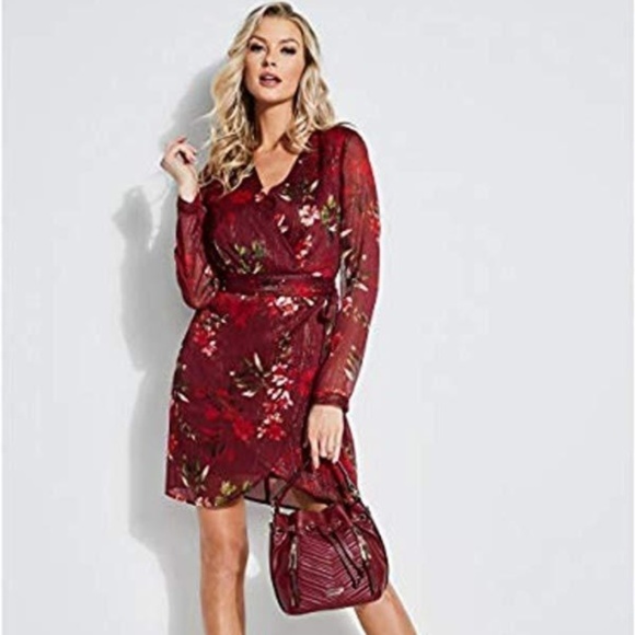 Guess Dresses & Skirts - GUESS GARNET WINE CAMILLA FLORAL SURPLICE DRESS 8